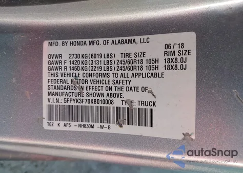 2019 Honda Ridgeline Rtl-E из США, поврежденный, VIN 5FPYK3F70KB010008